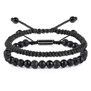 Black Beaded Bracelets for Men Boys - 6mm Obsidian Onyx Lava Beads Mens